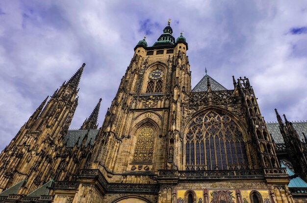 Low angle view of St Vitus Cathedral decoration façade