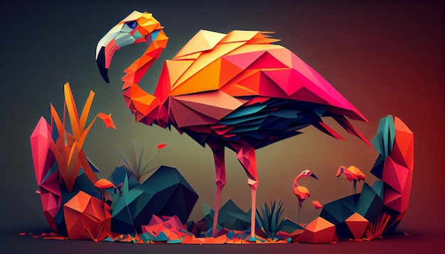 Photo low poly art d'un oiseau coloré avec un visage rose debout sur des rochers