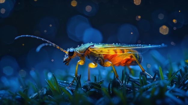 Une luciole lumineuse avec un abdomen brillant dans une scène nocturne sur un fond noir