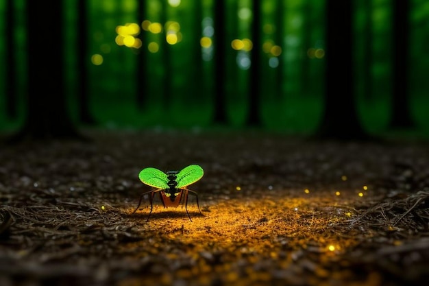 Les lucioles brillent dans la forêt la nuit.