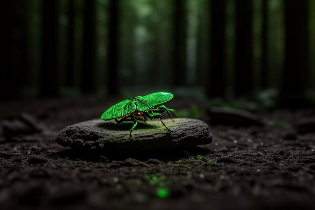 Les lucioles brillent dans la forêt la nuit.