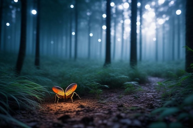 Les lucioles brillent dans la forêt la nuit.