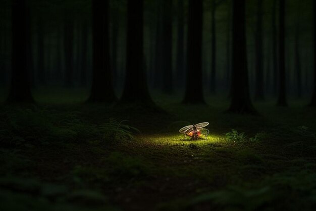 Les lucioles brillent dans la forêt la nuit.