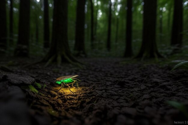 Les lucioles brillent dans la forêt la nuit.