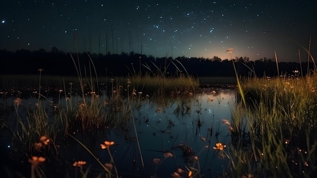 Les lucioles dans une prairie au bord du lac la nuit