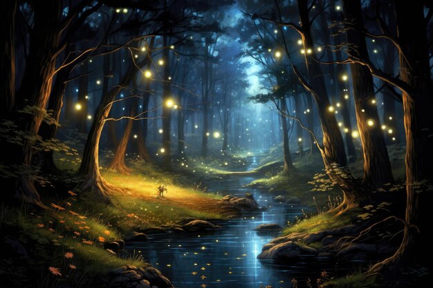 Des lucioles éclairant une forêt au crépuscule Une forêt pleine de lucioles lumineuses la nuit