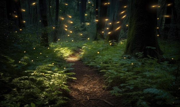 Des lucioles éclairent le chemin le long du chemin forestier Créer à l'aide d'outils d'IA générative