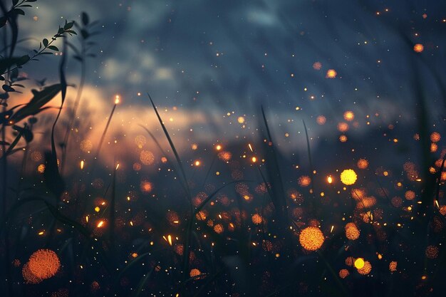 Des lucioles scintillantes créent un ciel nocturne magique.