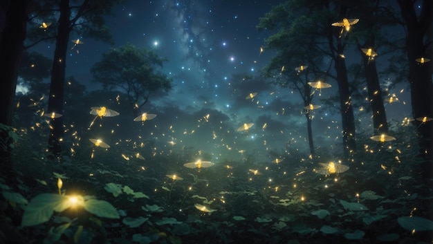 Des lucioles scintillantes dansent dans le ciel nocturne dans une forêt fantastique enchantée.