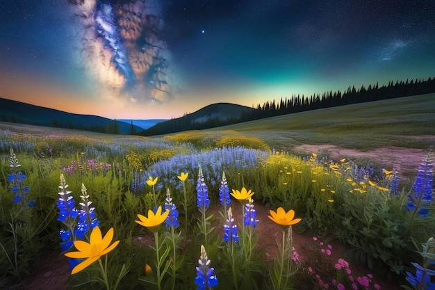 Photo la lueur céleste sur le champ de fleurs sauvages une scène magique et surréaliste