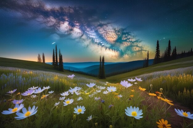 Photo la lueur céleste sur le champ de fleurs sauvages une scène magique et surréaliste