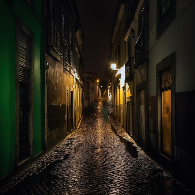 La lueur chaleureuse des lampadaires par une nuit pluvieuse dans une ruelle pavée