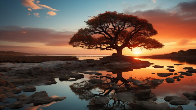 Photo la lueur du coucher du soleil éclaire un arbre solitaire et les bassins de marée réfléchissants