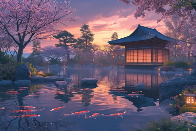 La lueur du coucher de soleil dans un pavillon japonais paisible près d'un étang de koi resplendissant