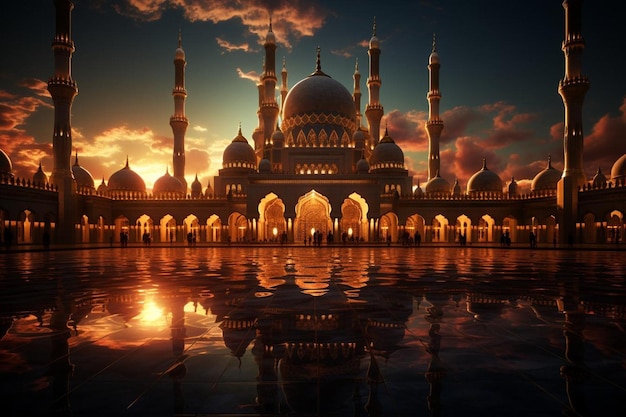 La lueur du coucher de soleil sur la façade et les minarets de la mosquée