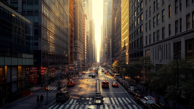 Photo la lueur du soleil au coucher sur une rue animée entre des gratte-ciel