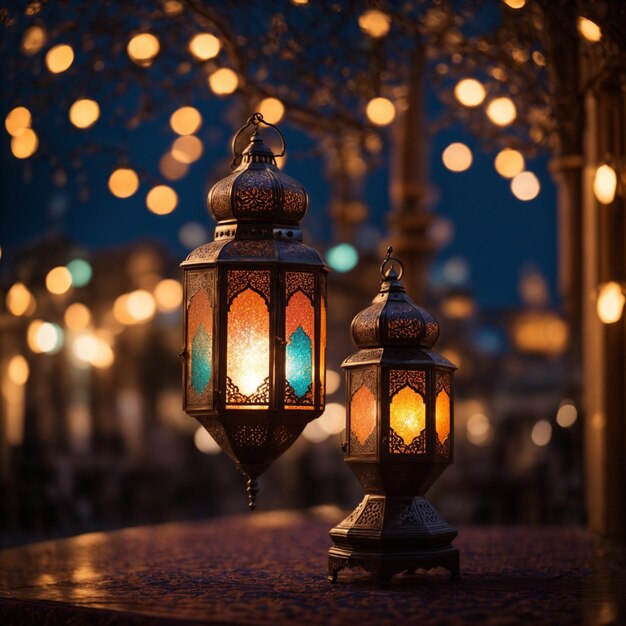 La lueur enchanteuse d'une lanterne du Ramadan au milieu des lumières de la mosquée de Bokeh et de la lune