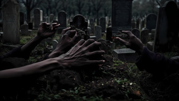 Une lueur étrange la nuit d'Halloween ressuscitant des zombies dans le cimetière
