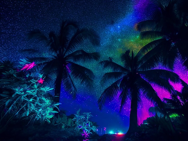 Photo lueur de néon étoiles nocturnes du paradis tropical téléchargement d'image gratuite