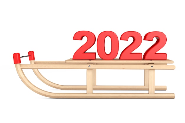 Luge en bois classique avec signe du Nouvel An 2022 sur fond blanc. Rendu 3D