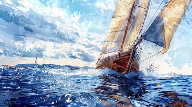 Photo lukisan cat air avec thème lomba perahu layar di lautan lepas avec latar belakang langit biru dan awan putih