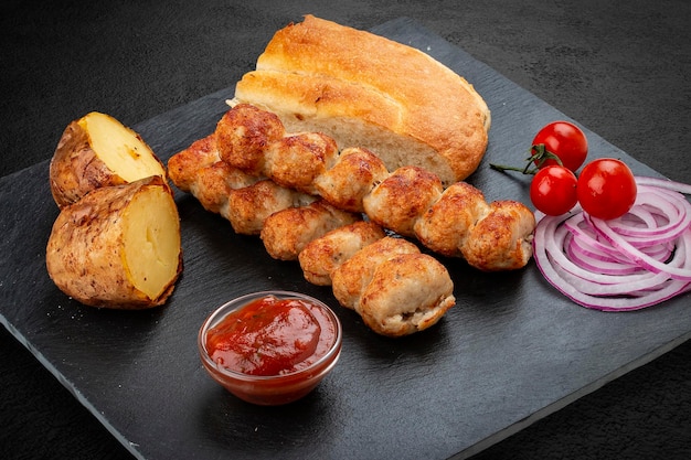 Lula kebab avec pommes de terre grillées matnakash et sauce rouge Servi sur une assiette en pierre