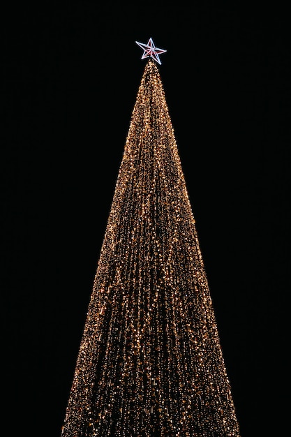 Lumière d'un arbre de Noël dans la ville de Grozny. Sapin de Noël de 45 mètres sur la place de la ville nocturne.