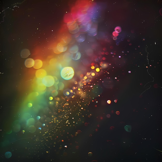 La lumière de l'arc-en-ciel chaude s'échappe sur un fond noir avec une IA génératrice de texture de poussière