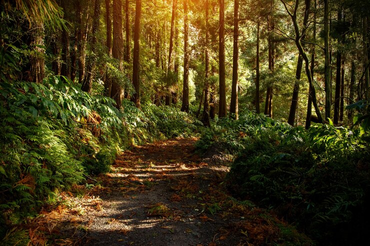 Photo lumière de l'aube de la forêt magique.