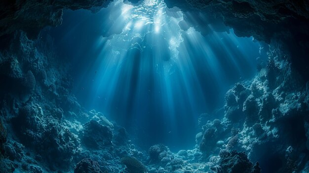 La lumière bleue du soleil éclaire l'abîme profond d'une mer sous-marine.