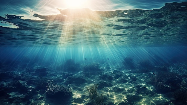 La lumière bleue du soleil illuminant la mer sous-marine crée de superbes photographies marines AI générative