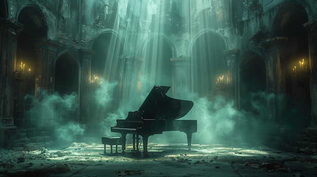 La lumière bleue mystique dans le piano d'une église abandonnée