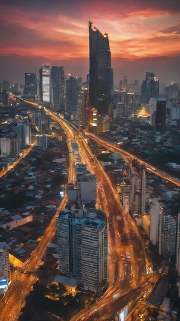 Lumière bokeh floue dans l'autoroute vue du paysage urbain de Bangkok en arrière-plan