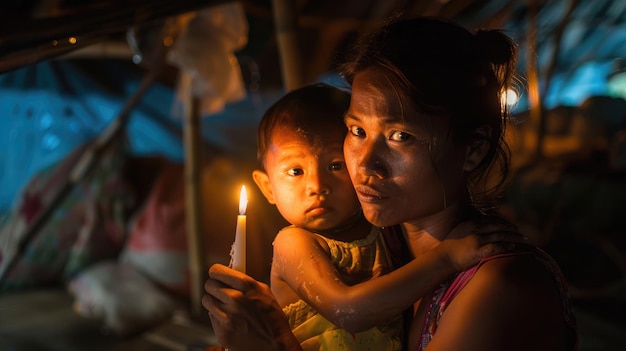 La lumière des bougies éclaire les visages d'une mère et d'un enfant symbolisant l'espoir et la résilience Journée mondiale des réfugiés