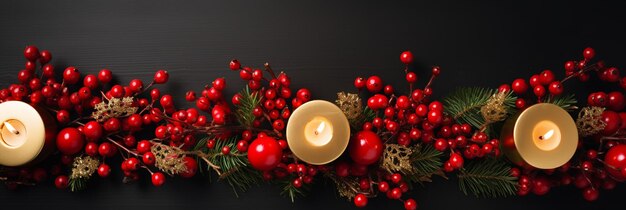 La lumière des bougies d'or et les baies de Noël