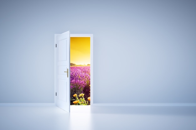 Photo la lumière brille de la porte ouverte. entrée