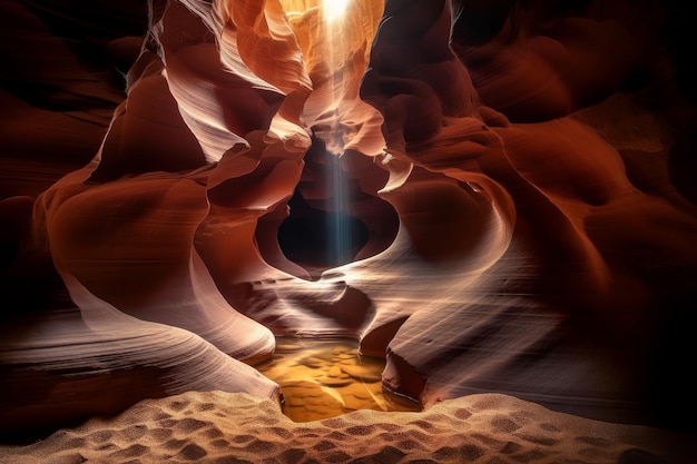 Une lumière brille à travers un slot canyon.