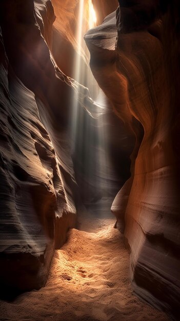 Une lumière brille à travers un slot canyon.