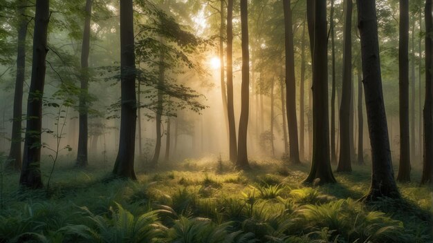 La lumière brumeuse du lever du soleil brille à travers les arbres de la forêt