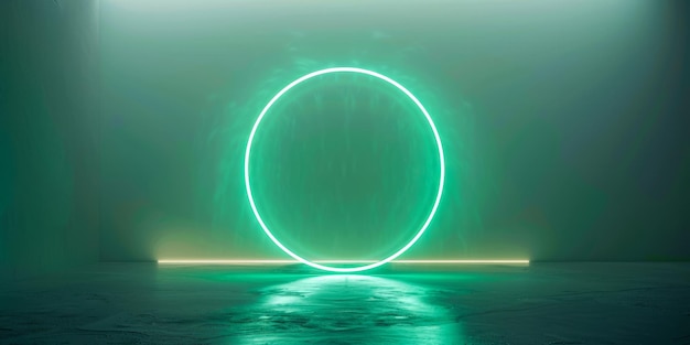 Lumière de cercle au néon vert futuriste dans une pièce sombre