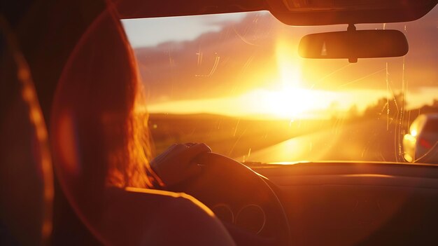 Photo la lumière chaude du soleil brille à travers le pare-brise d'une voiture alors qu'une femme fait un voyage en voiture.