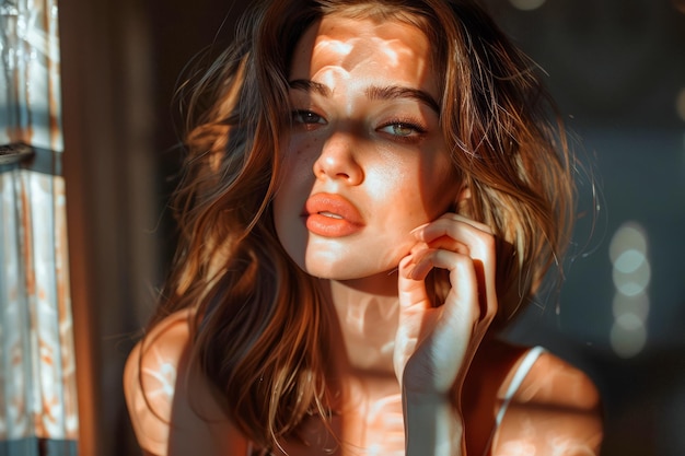 La lumière chaude du soleil projette des ombres sur le visage des jeunes femmes avec des yeux expressifs et une pose décontractée dans une posture confortable