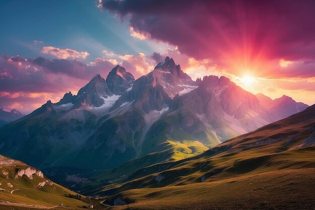 Photo la lumière colorée du soleil derrière les majestueux sommets des alpes françaises italiennes