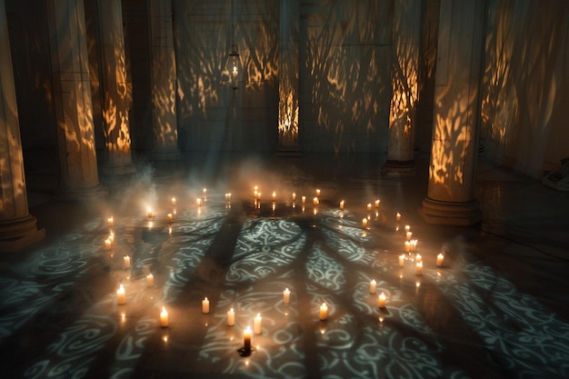 Photo lumière dans un temple avec des bougies au centre