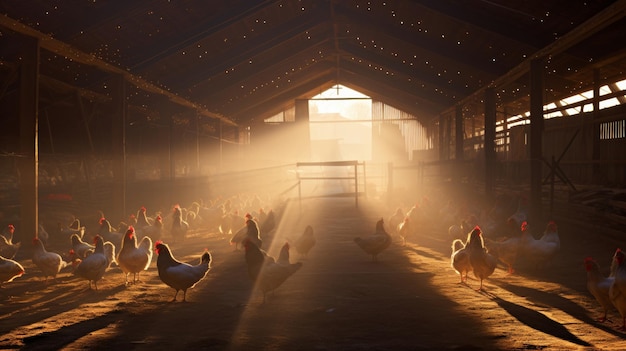 La lumière dorée de l'aube baigne une grange pleine de poulets dans une scène pastorale sereine.