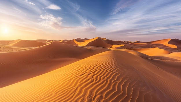 La lumière dorée du matin projette de longues ombres sur les dunes de sable ondulées du désert du Sahara.