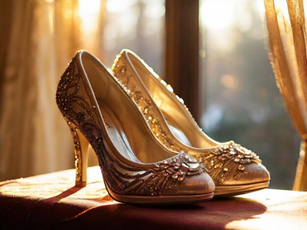 La lumière dorée du soleil jette une lueur chaude sur les élégantes chaussures de mariée incrustées de bijoux.