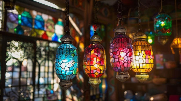 La lumière douce filtre à travers des lanternes de vitraux colorés accrochés au plafond jetant une chaleur et