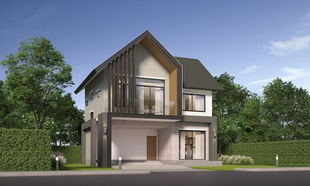 La lumière du jour extérieure de la maison moderne avec l'herbe de pelouse3d rendu