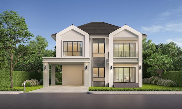La lumière du jour extérieure de la maison moderne avec l'herbe de pelouse3d rendu